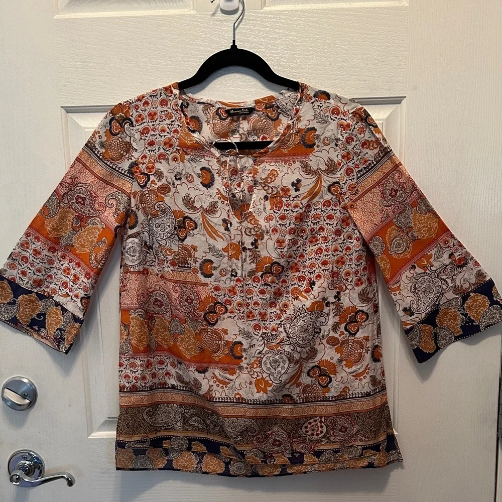 Mossimo Dutti Boho Paisley Split-Neck Blouse in Orange and Navy Size 4 - Picture 2 of 4